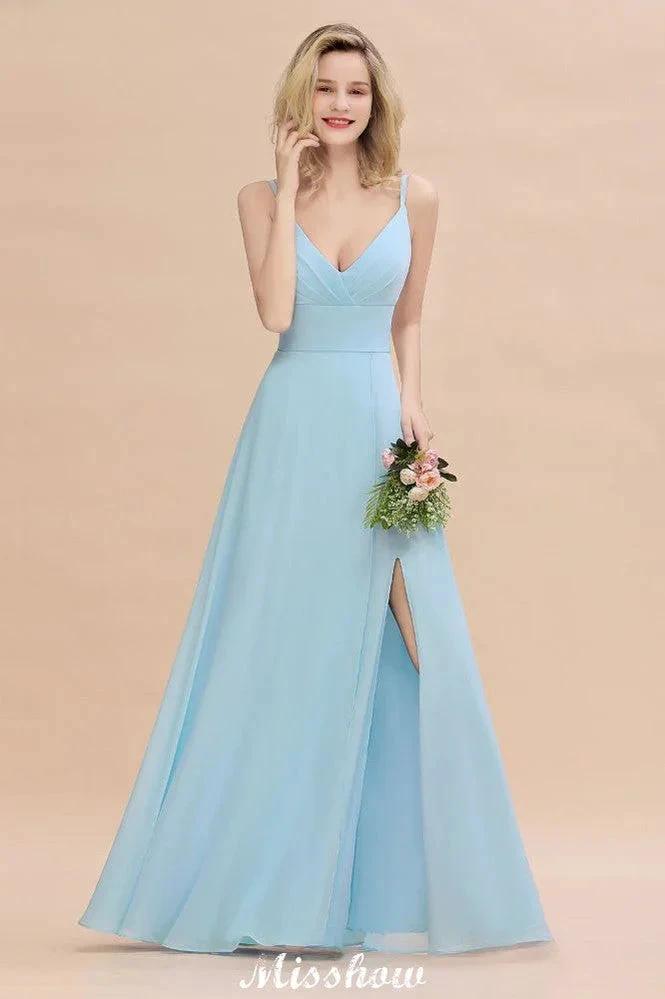 Elegant Front Split Bridesmaid Dress Garden Spaghetti Straps V-neck Floor Length Dress (ZD12893)