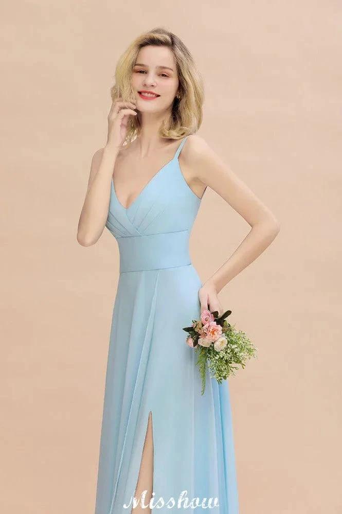 Elegant Front Split Bridesmaid Dress Garden Spaghetti Straps V-neck Floor Length Dress (ZD12893)