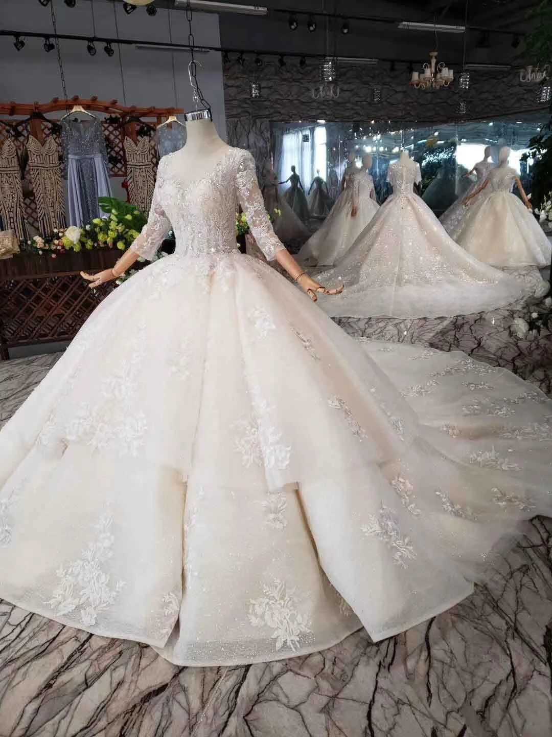 Elegant Half Sleeves Ball Gown Lace Layer Wedding Dress (ZD15353)