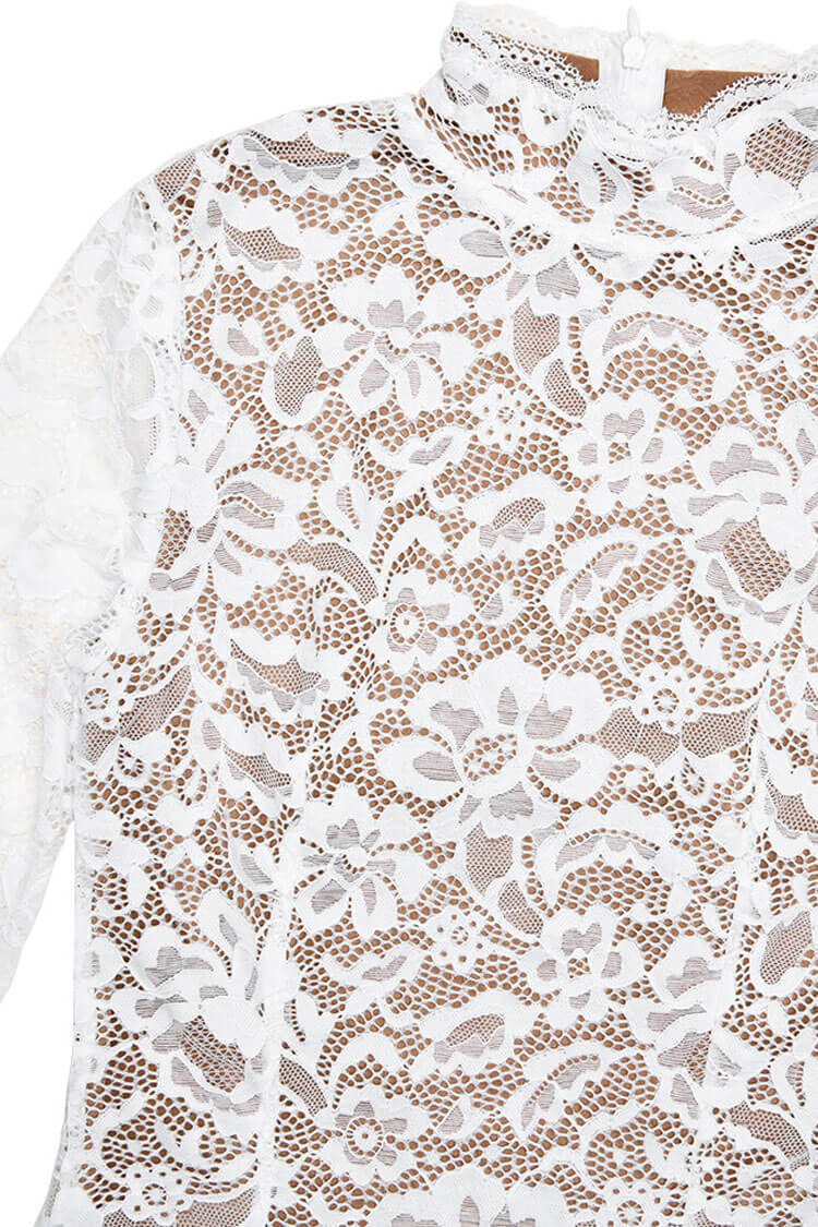 Elegant High Neck Long Sleeve Lace Fishtail Cocktail Party Midi Dress - Fashionpara