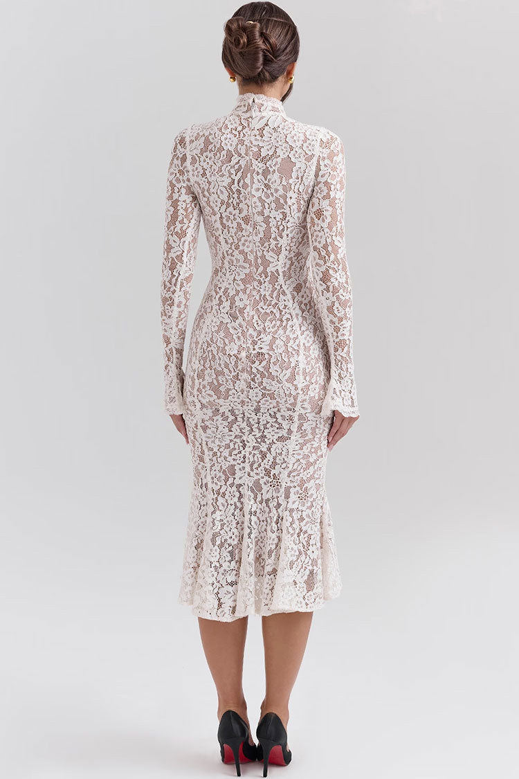 Elegant High Neck Long Sleeve Lace Fishtail Cocktail Party Midi Dress - Fashionpara
