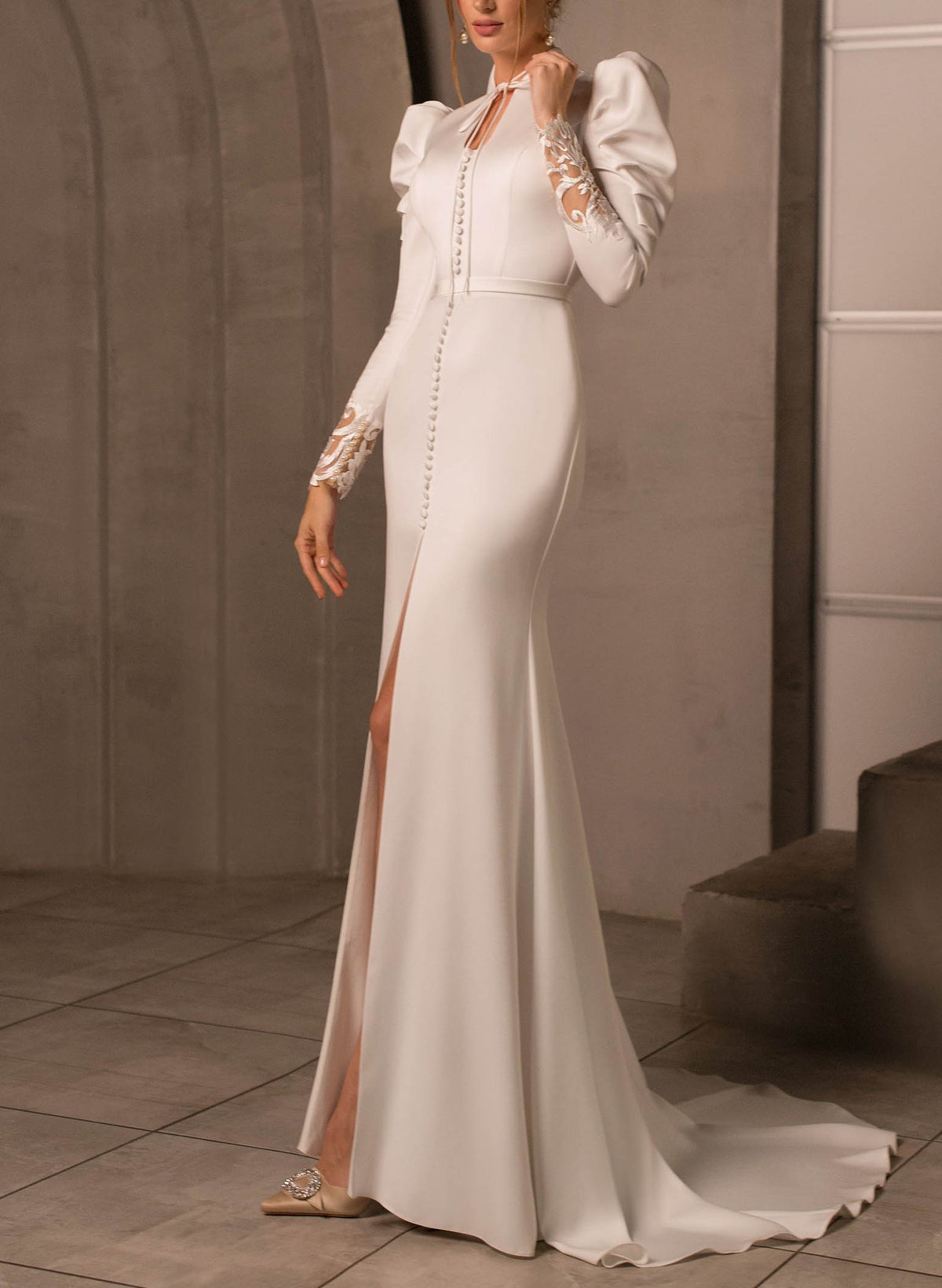 Elegant High Neck Long Sleeves Lace Back Wedding Dresses