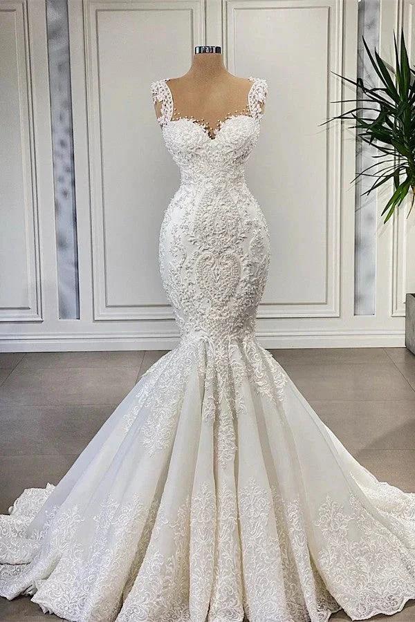 Elegant Ivory Long Mermaid Sweetheart Ruffles Lace Wedding Dresses (ZD16706)