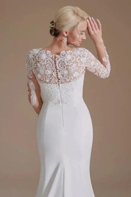 Elegant Jewel Long-Sleeve Mermaid Floor-Length Satin Wedding Dresses with Pattern (ZD16561)