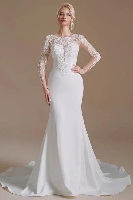 Elegant Jewel Long-Sleeve Mermaid Floor-Length Satin Wedding Dresses with Pattern (ZD16561)