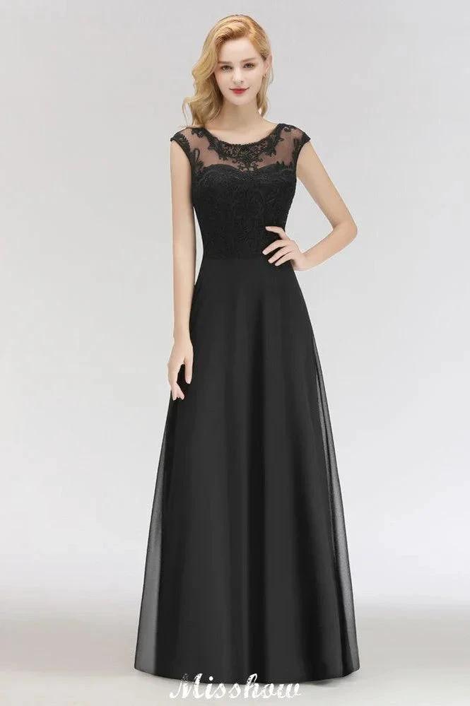 Elegant Jewel Sleeveless floor-Length A-line Lace Black Bridesmaid Dress by misshow.com
