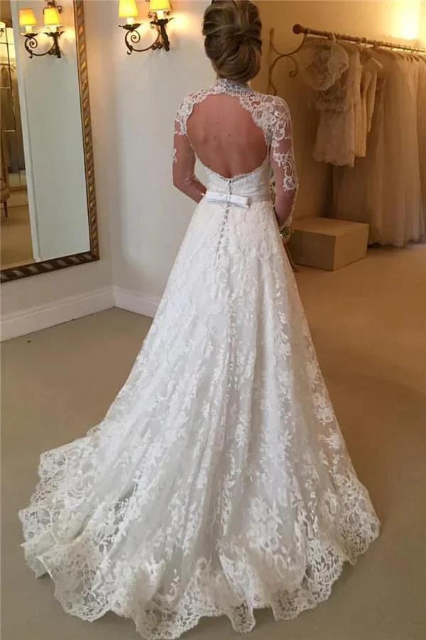 Elegant Lace A-line Long Sleeve High Neck Wedding Dresses (ZD16380)