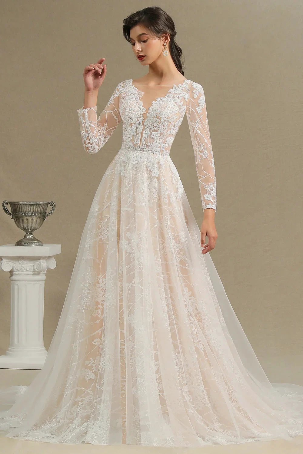 Elegant Lace Deep V-neck Wedding Dress Long Sleeve Floor Length Bridal Gowns (ZD13777)