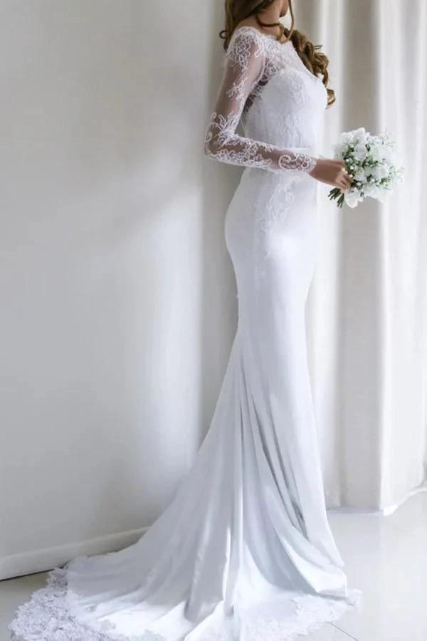 Elegant Lace Long Sleeves Mermaid White Long Wedding Dress with Train (ZD16300)