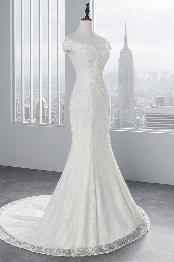 Elegant Lace Off-the-Shoulder White Mermaid Wedding Dresses Affordable (ZD17419)