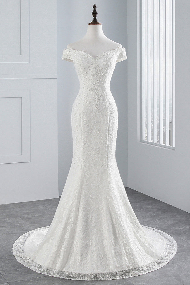 Elegant Lace Off-the-Shoulder White Mermaid Wedding Dresses Affordable (ZD17419)