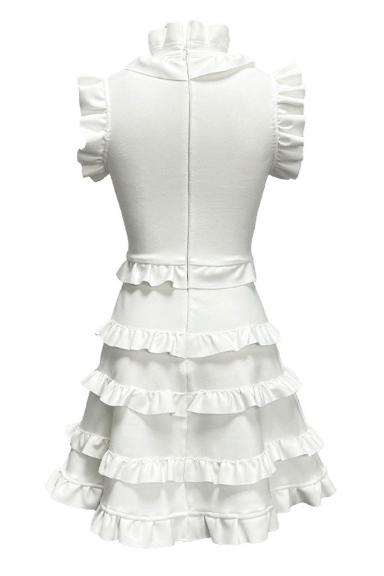 Elegant Layered Ruffle High Neck A Line Sleeveless Bandage Party Mini Dress - White
