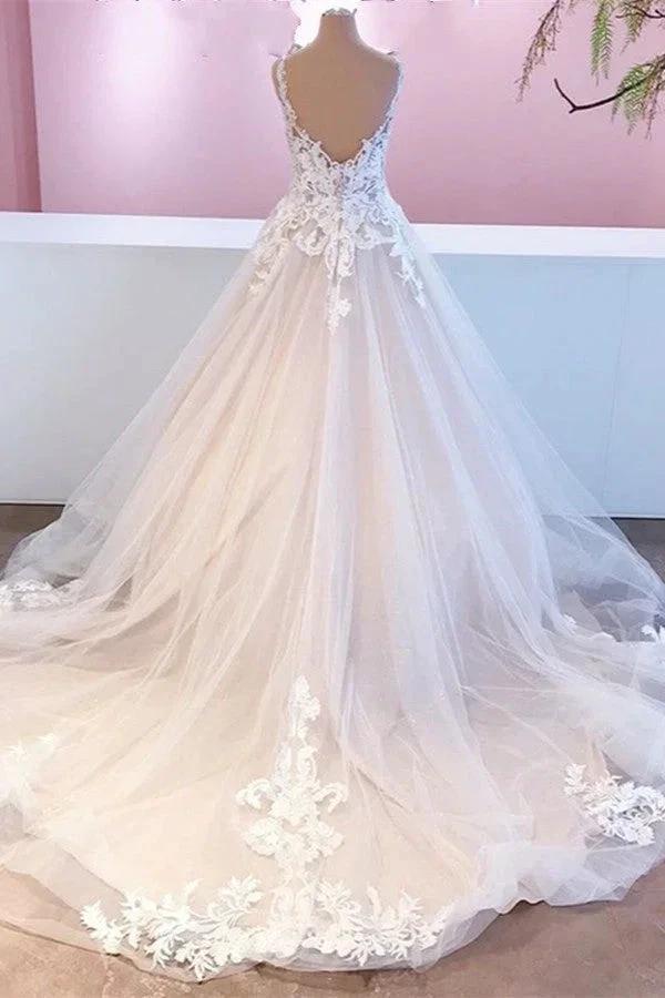 Elegant Long A-Line Appliques Lace Tulle Sweetheart Backless Wedding Dress (ZD15239)