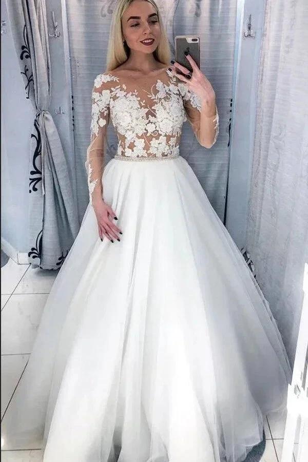 Elegant Long A-Line Bateau Appliques Lace Tulle Wedding Dress with Sleeves (ZD15108)