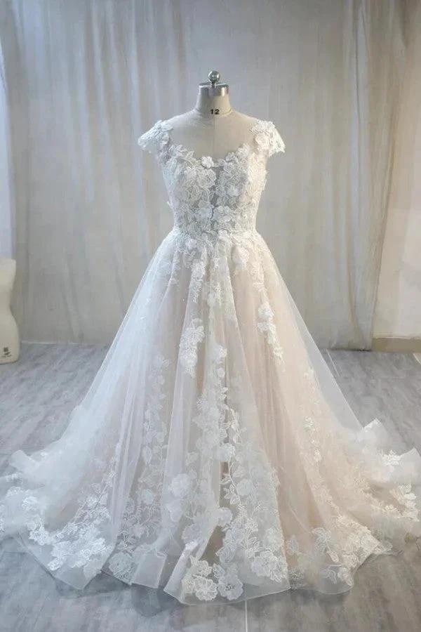 Elegant Long A-Line Bateau Backless Appliques Lace Tulle Wedding Dress (ZD15106)