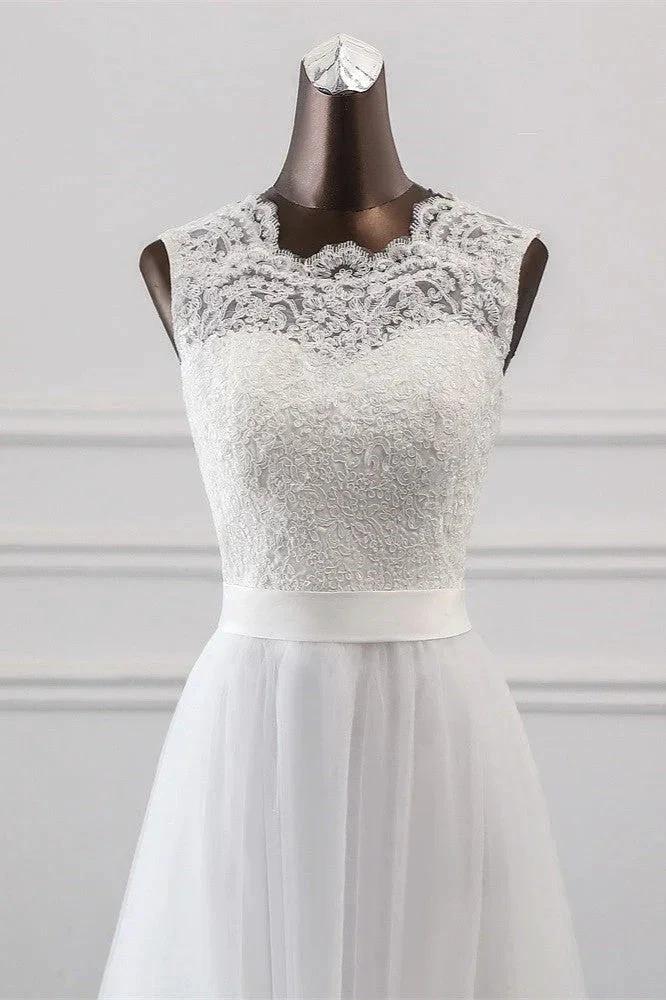 Elegant Long A-line Jewel Tulle Appliques Lace Wedding Dress (ZD15154)
