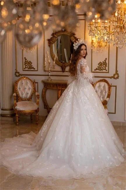 Elegant Long A-line Lace Appliques Tulle Wedding Dresses With Sleeves (ZD14951)