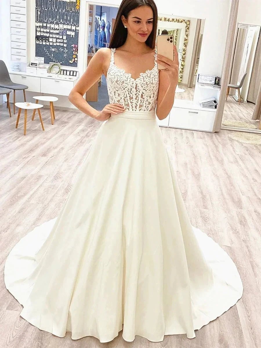 Elegant Long A-line Lace Satin Sleeveless Wedding Dresses (ZD16739)