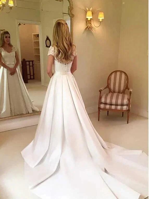 Elegant Long A-line Satin Lace Wedding Dress with Sleeves (ZD14439) - View 2 | VelvetHem