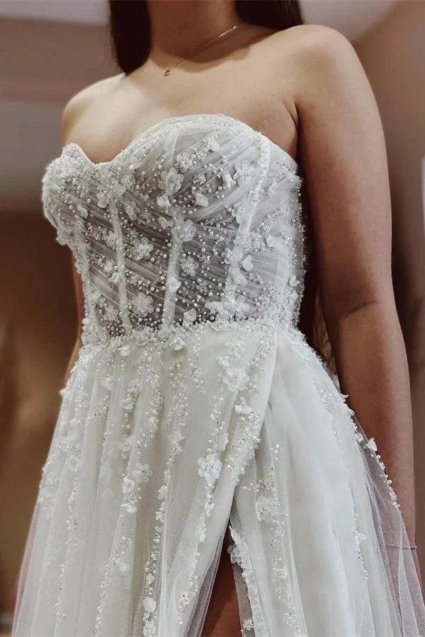 Elegant Long A-line Sweetheart Tulle Lace Wedding Dress with Slit (ZD16711)