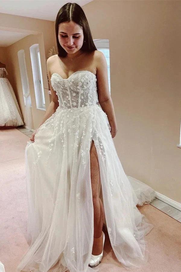 Elegant Long A-line Sweetheart Tulle Lace Wedding Dress with Slit (ZD16711)