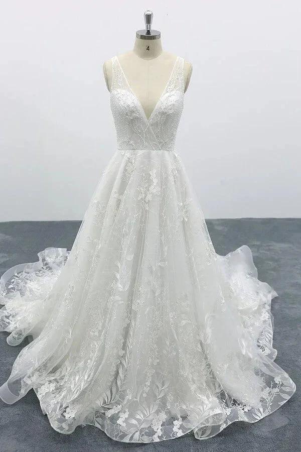 Elegant Long A-line V-neck Appliques Lace Tulle Backless Wedding Dress (ZD14437)