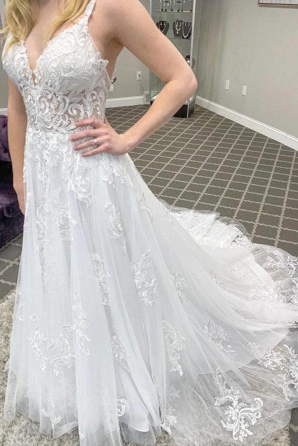 Elegant Long A-line V-neck Appliques Lace Tulle Backless Wedding Dress (ZD15091)