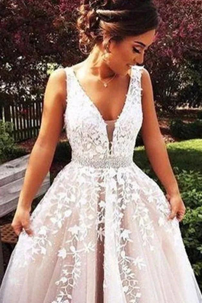 Elegant Long A line V neck Appliques Lace Tulle Wedding Dress (ZD14452)