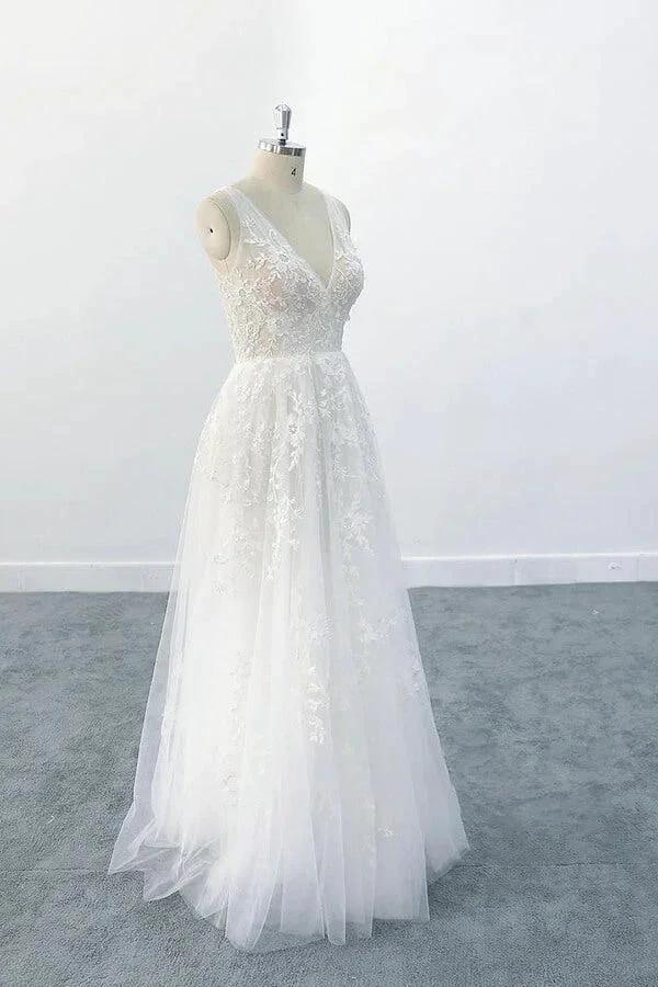 Elegant Long  A-line V-neck Appliques Tulle Backless Wedding Dress (ZD14408)