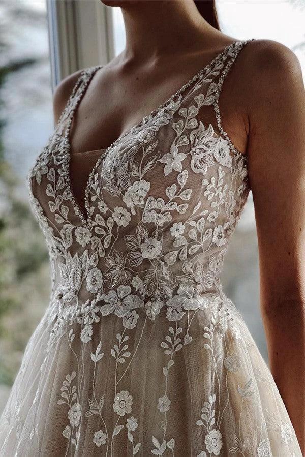 Elegant Long A-line V-neck Backless Tulle Lace Wedding Dresses (ZD16707)