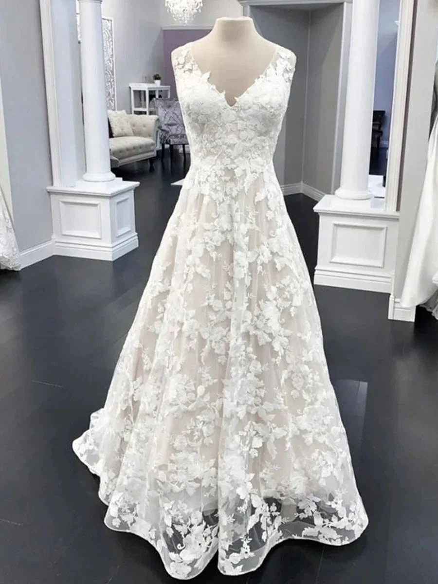 Elegant Long A Line V Neck Floral Lace Wedding Dresses (ZD16740)