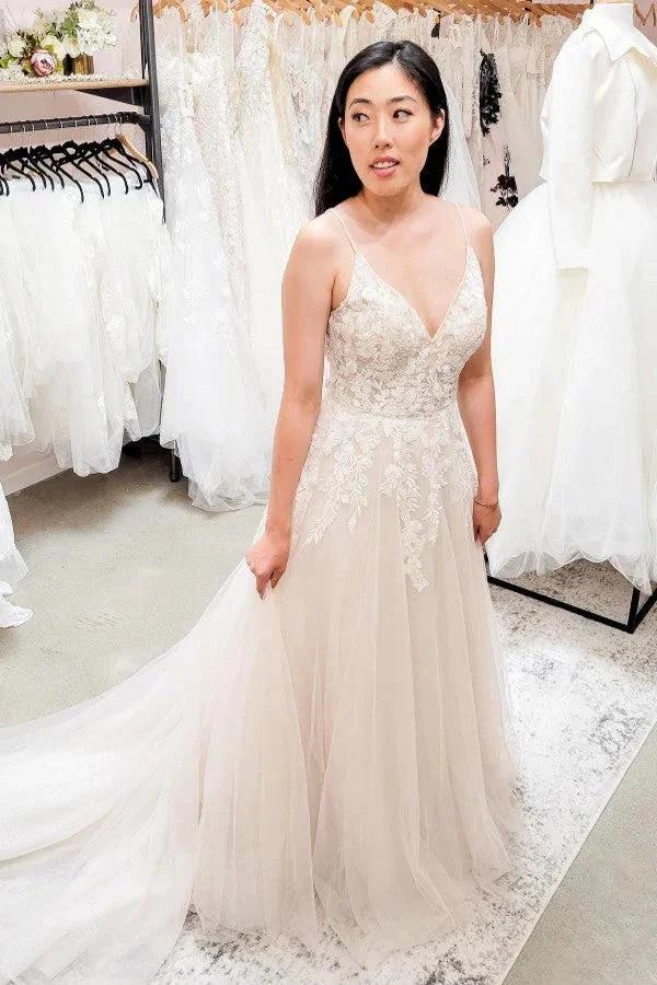 Elegant Long A-line V-neck Lace Tulle Backless Wedding Dresses (ZD14291)
