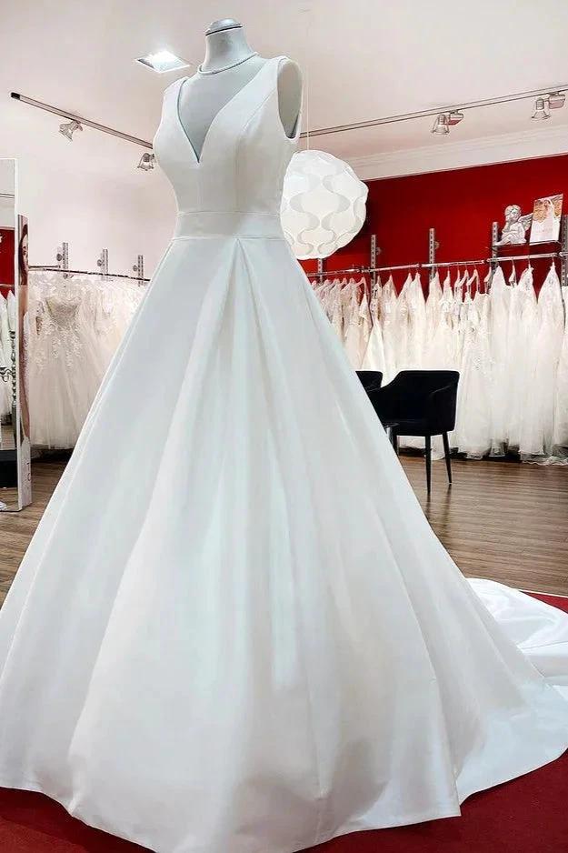 Elegant Long A-line V Neck Satin Ruffles Open Back Wedding Dresses (ZD15265)