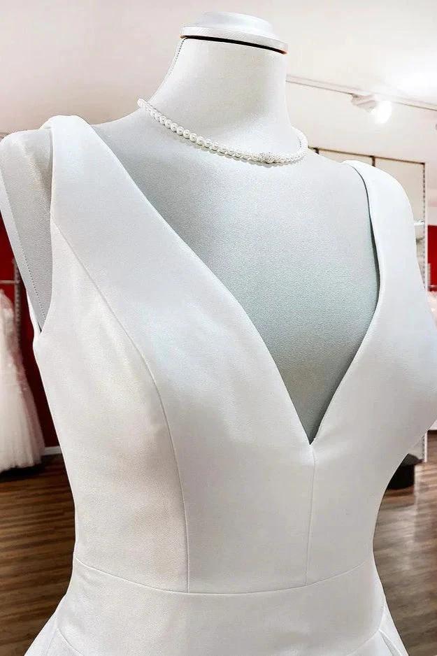 Elegant Long A-line V Neck Satin Ruffles Open Back Wedding Dresses (ZD15265)