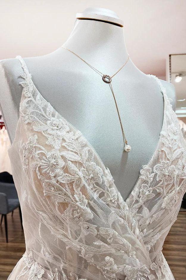 Elegant Long A-line V Neck Sleeveless Ruffles Backless Wedding Dress (ZD15260)
