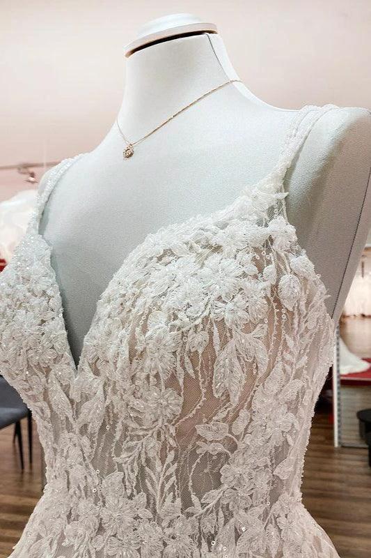 Elegant Long A-line V Neck Sleeveless Ruffles Backless Wedding Dress (ZD15260)
