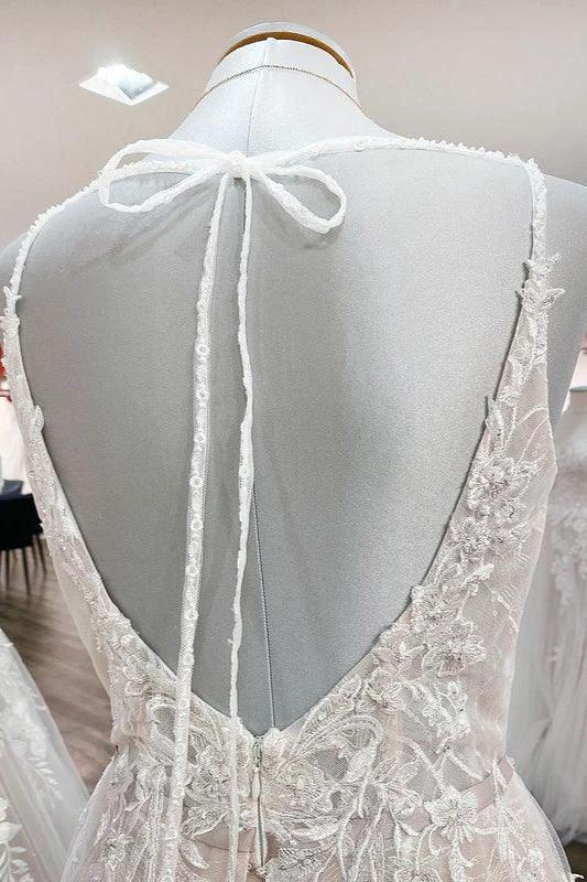 Elegant Long A-line V Neck Sleeveless Ruffles Backless Wedding Dress (ZD15260)