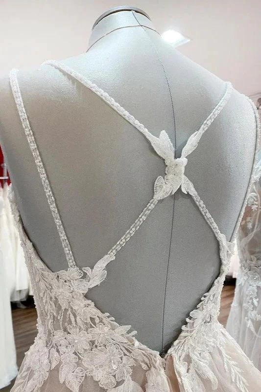 Elegant Long A-line V Neck Sleeveless Ruffles Backless Wedding Dress (ZD15260)