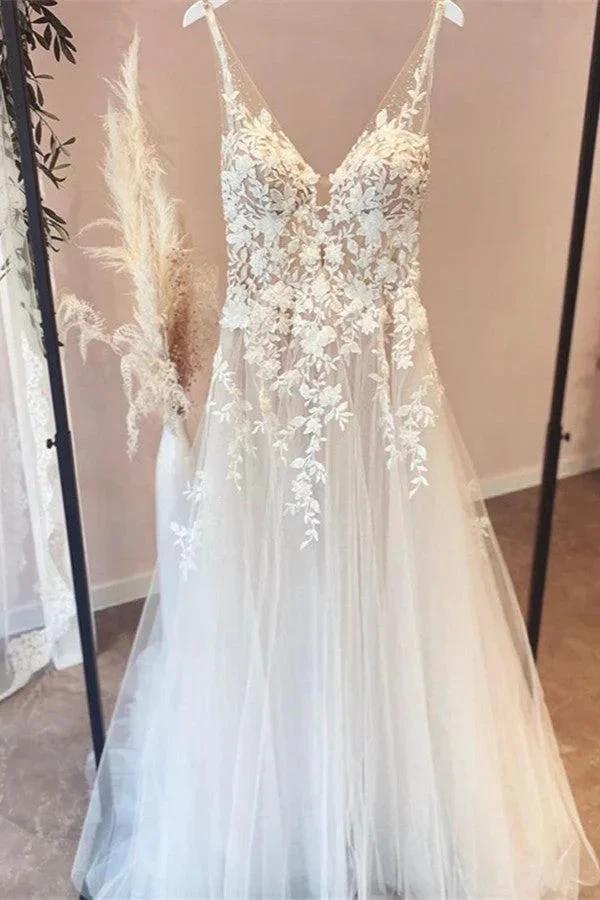 Elegant Long A-line V-neck Tulle Appliques Lace Open Back Wedding Dress (ZD14278)