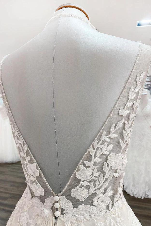 Elegant Long A-line V Neck Tulle Lace Open Back Wedding Dress (ZD15246)