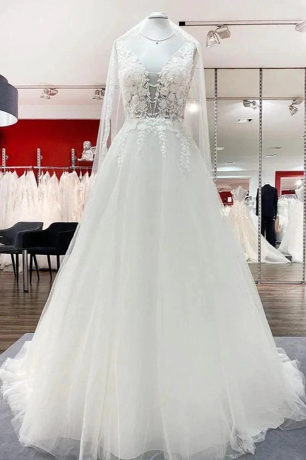 Elegant Long A-line V Neck Tulle Lace Open Back Wedding Dress (ZD15246)