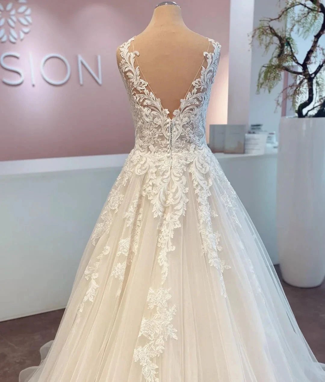 Elegant Long A-line V-neck Tulle Lace Wedding Dress (ZD14463)