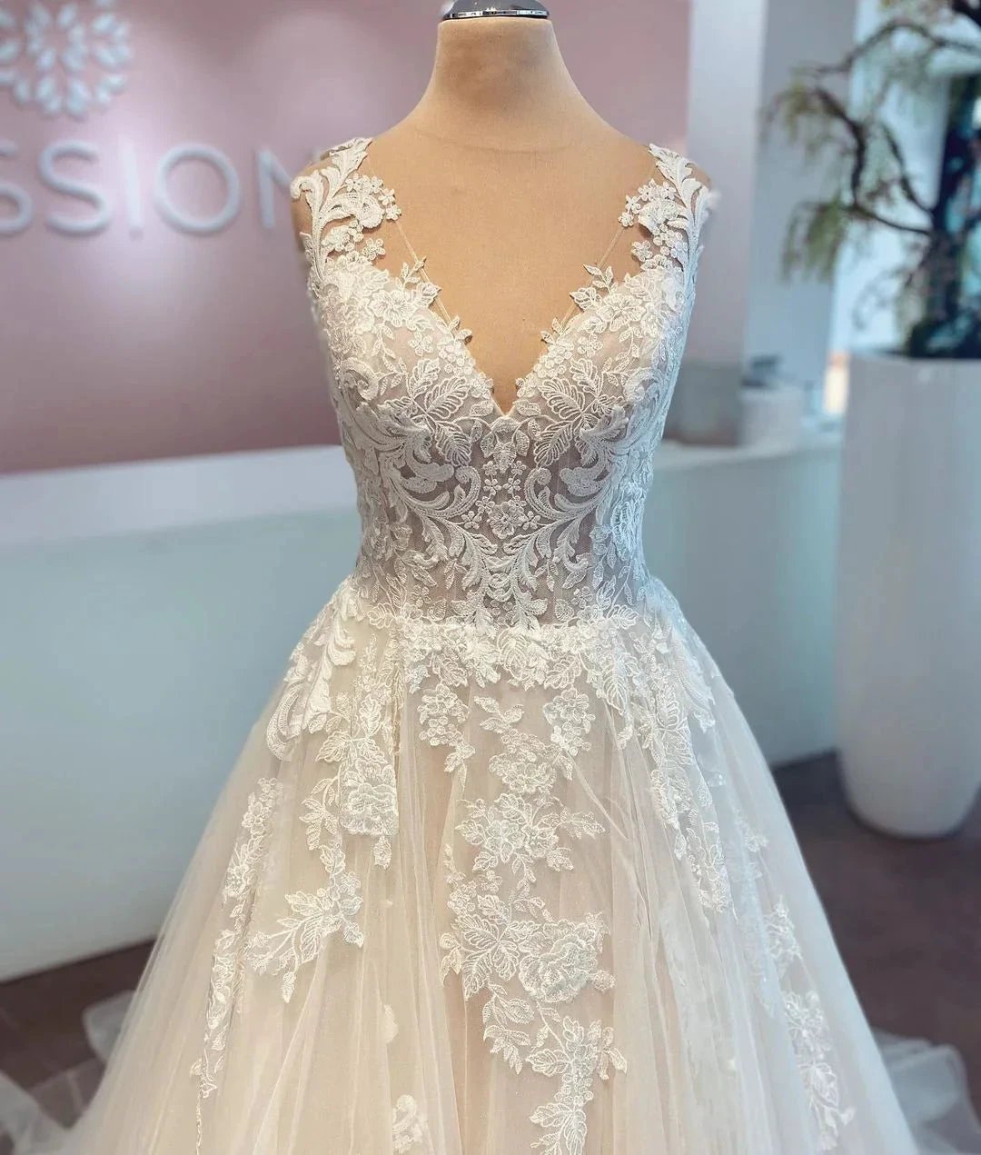 Elegant Long A-line V-neck Tulle Lace Wedding Dress (ZD14463)