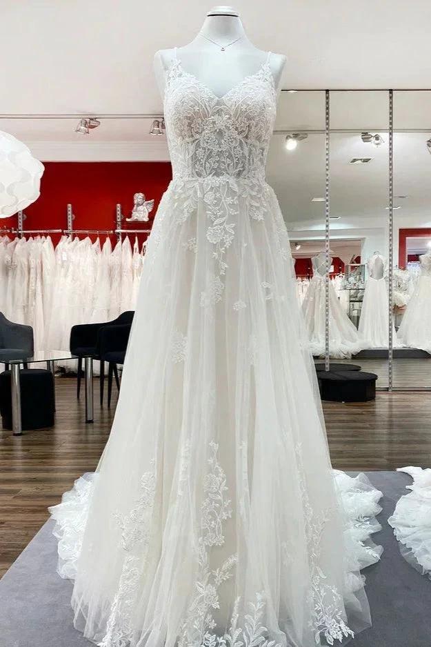 Elegant Long A-Line V Neck Tulle Spaghetti Straps Lace Wedding Dress (ZD14447)