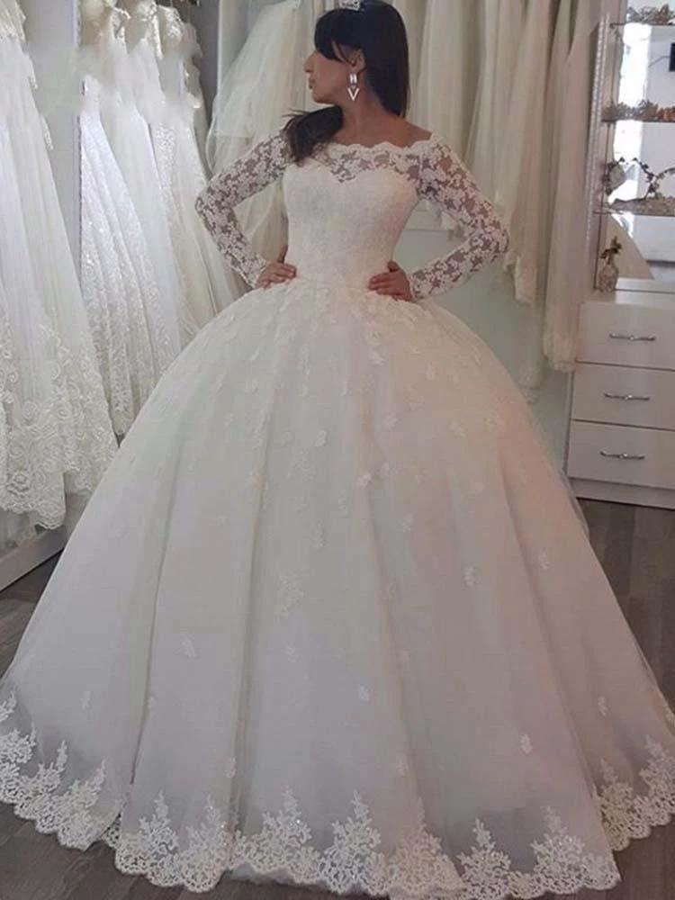 Elegant Long Ball Gown Bateau Lace Wedding Dresses with Sleeves (ZD15909)