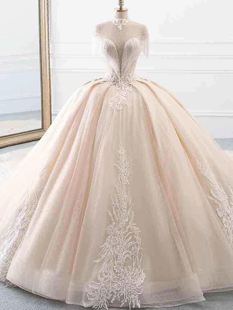 Elegant Long Ball Gown High Neck Tassel Sleeves Tulle Wedding Dresses (ZD15922)