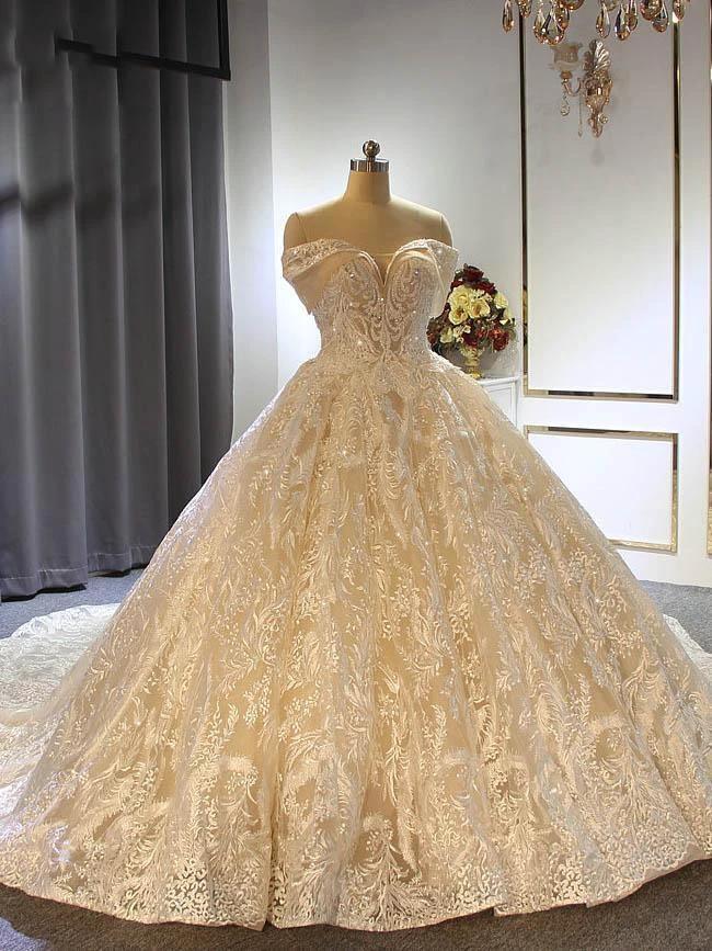 Elegant Long Ball Gown Off the shoulder Tulle Lace Wedding Dresses (ZD15872)