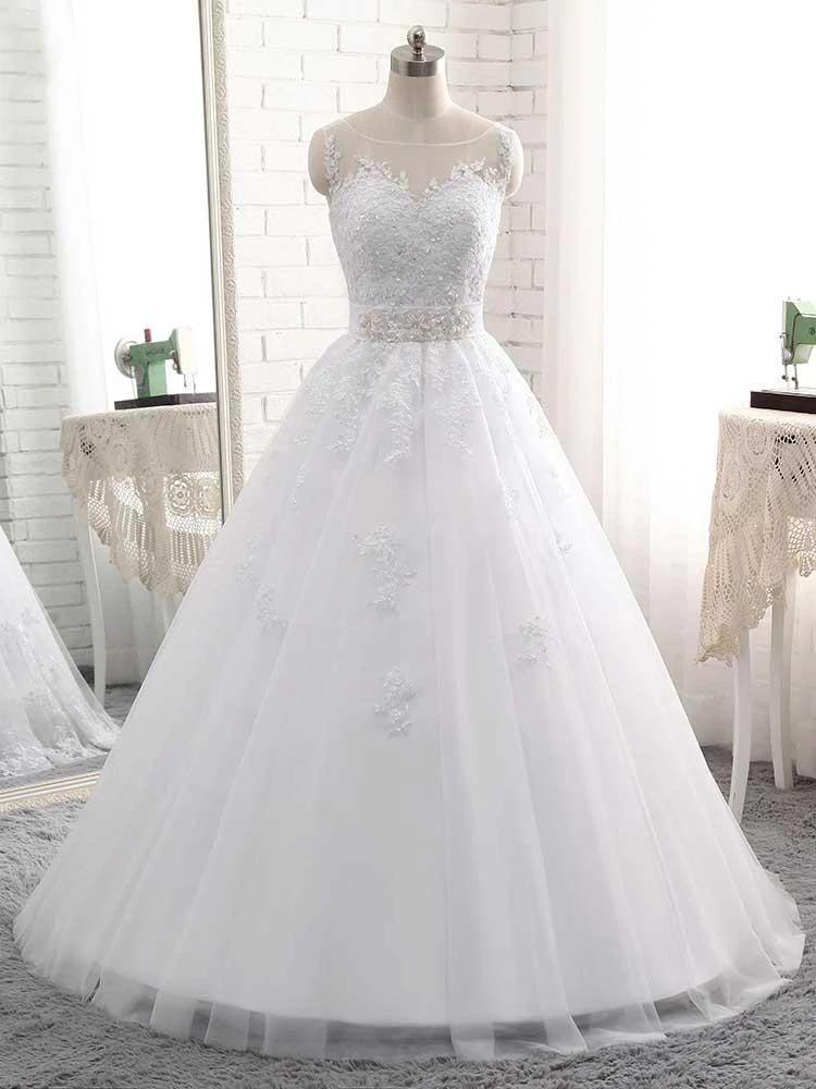 Elegant Long Ball Gown Tulle Lace-Up White Wedding Dresses (ZD15923)