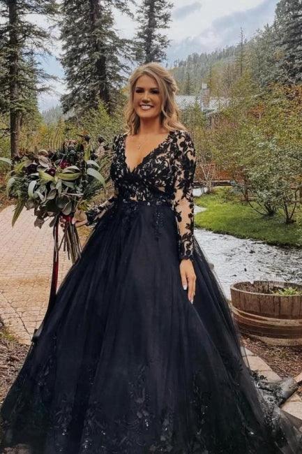 Elegant Long Black A-line V-neck Long Sleeves Wedding Dresses With Lace (ZD16531) - VelvetHem