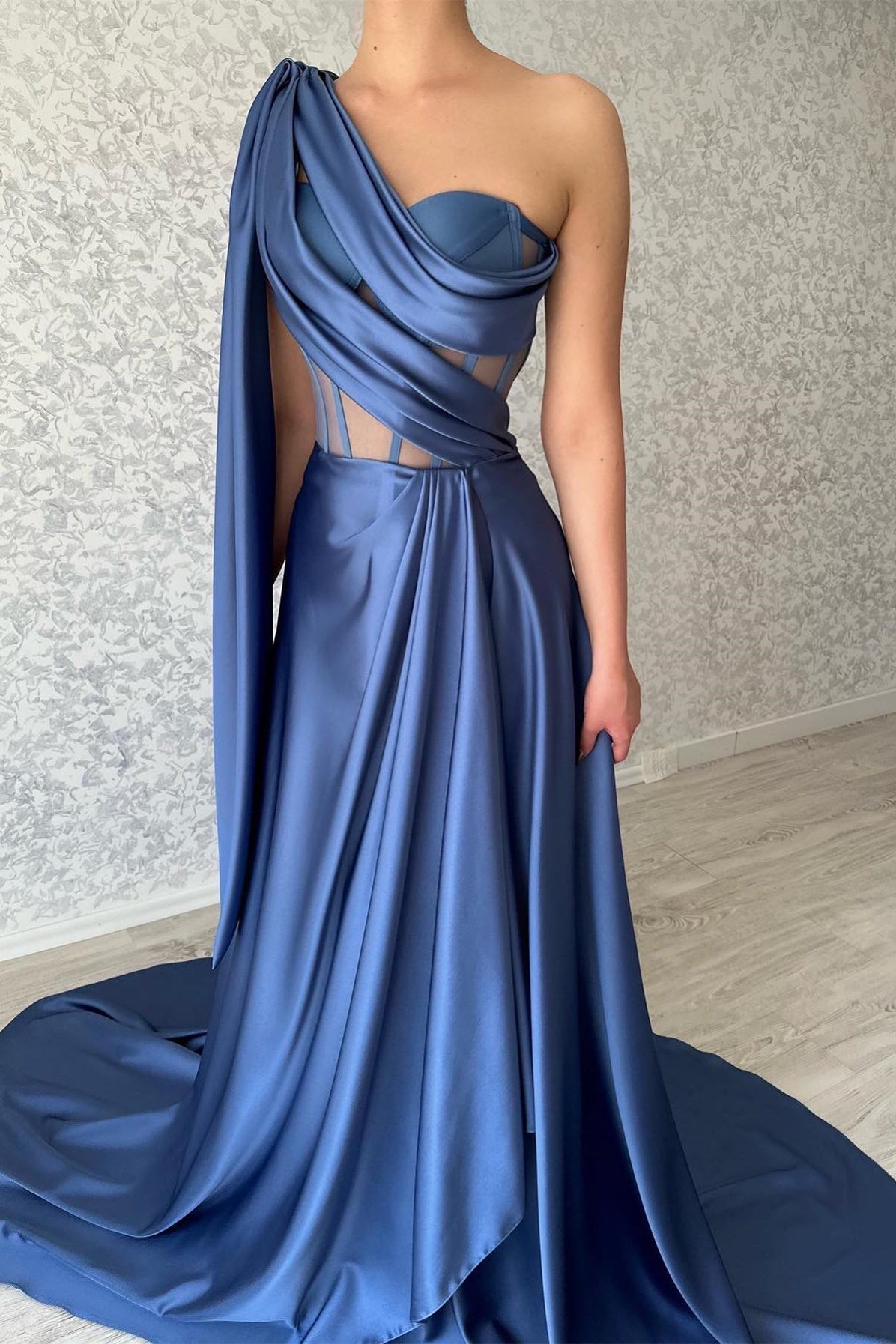 Elegant Long Blue One-Shoulder Sleeveless Prom Dresses